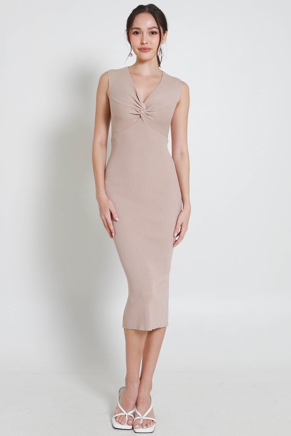 Jace Twist Knot Slit Knit Dress (Desert Sand)