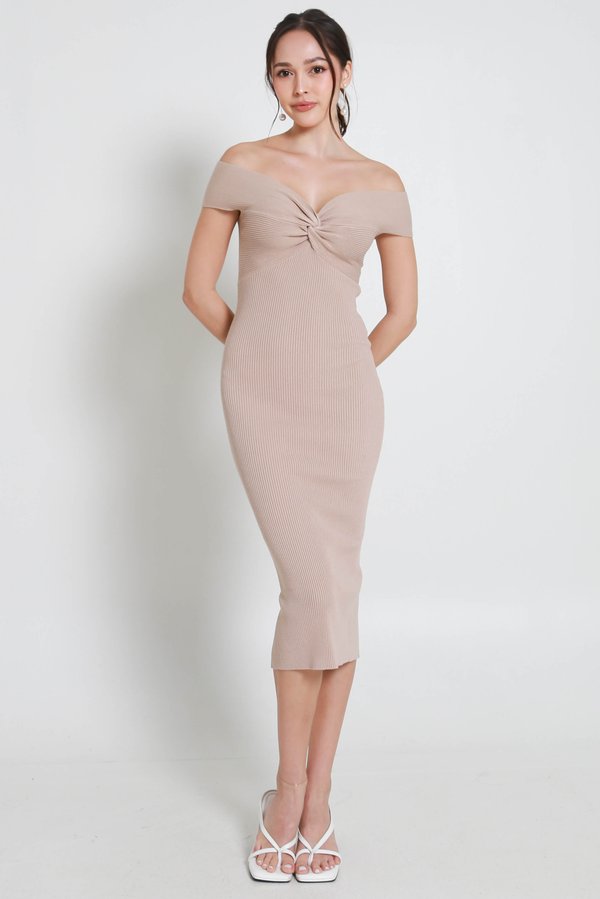 Jace Twist Knot Slit Knit Dress (Desert Sand)