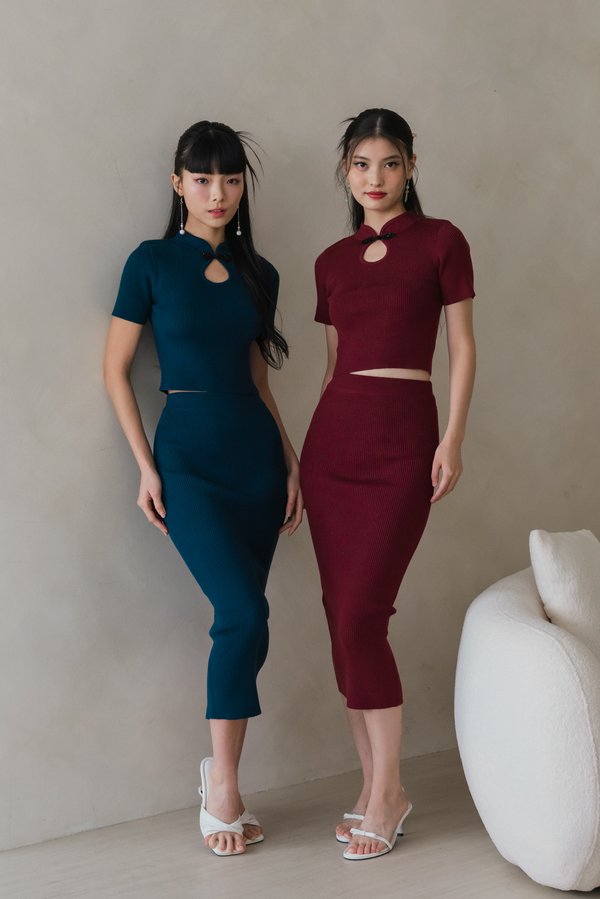 Xinda Qipao Knit 2pcs Set (Teal Blue)
