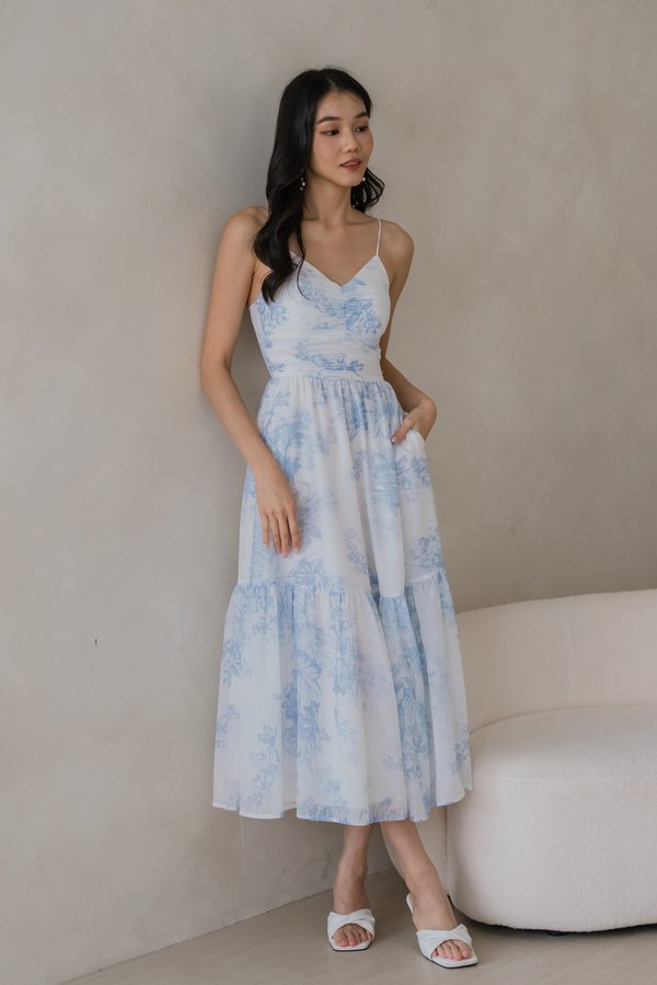 Adeline V Neck Dress (Ice Blue White Floral)