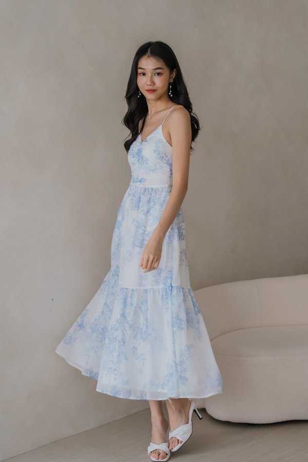 Adeline V Neck Dress (Ice Blue White Floral)