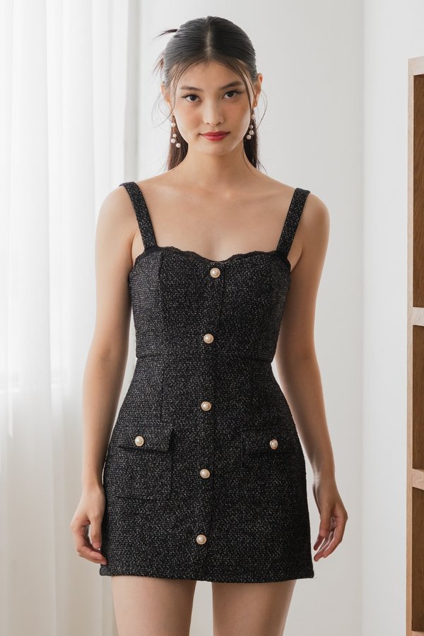 Merlin Sweetheart Padded Tweed Romper Dress (Black)