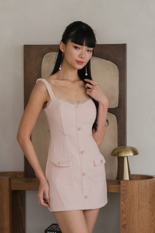 Merlin Sweetheart Padded Tweed Romper Dress (Baby Pink)