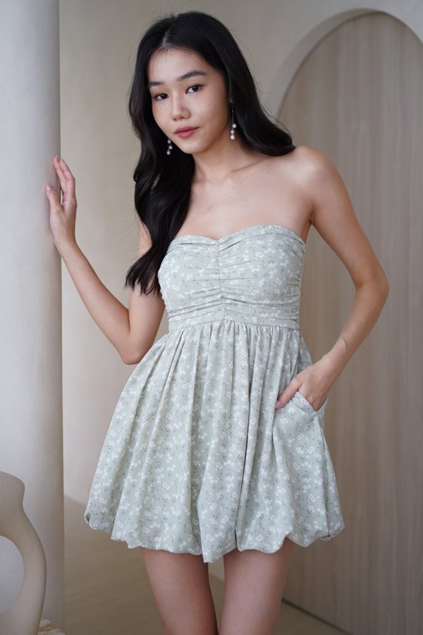 Roselle Padded Sweetheart Bubble Dress (Green Floral)