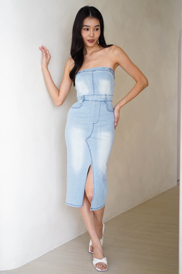Jemma Front Slit Denim Dress V2 (Light Wash) Jemma Front Slit Denim Dress V2 (Light Wash)