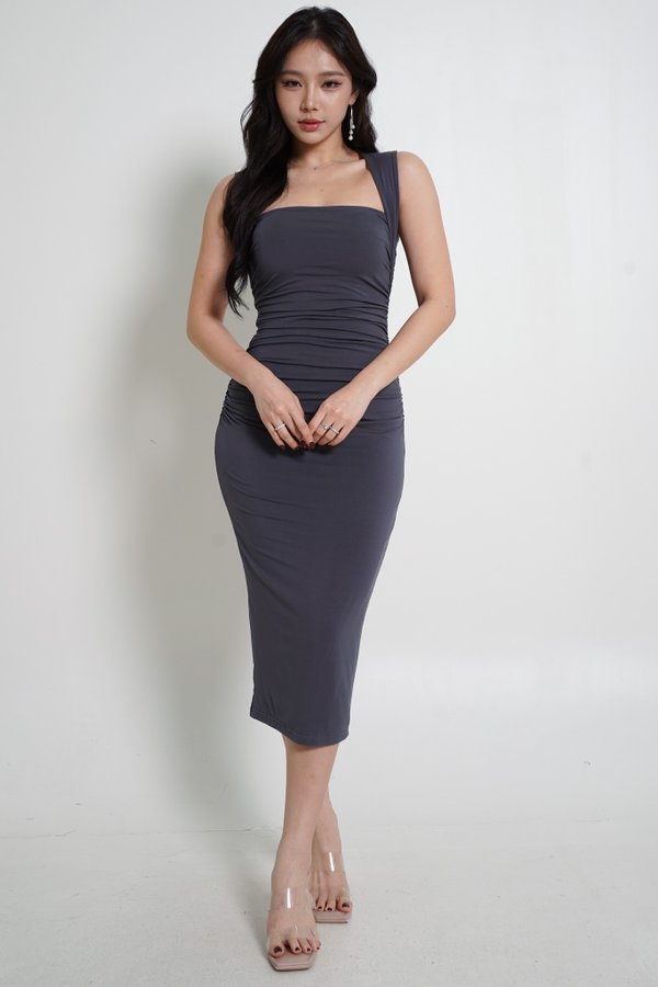 Rita Queen Anne Padded Midi Dress (Gunmetal)