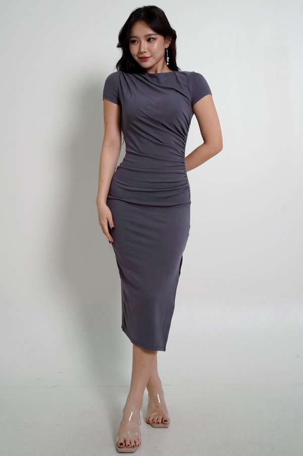 *Lite* Kayla Ruch Sleeved Padded Midi Dress (Ash Steel Blue)