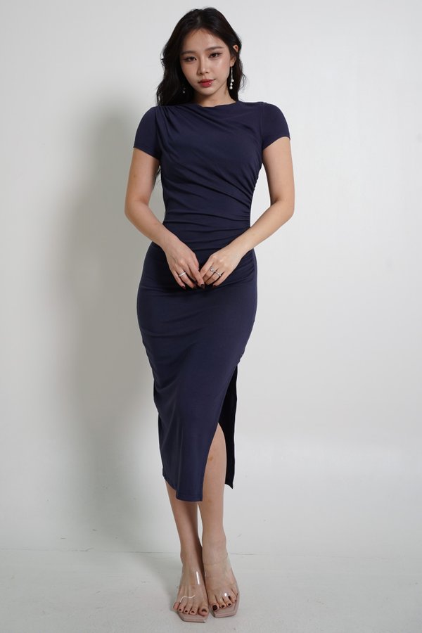 *Lite* Kayla Ruch Sleeved Padded Midi Dress (Navy)