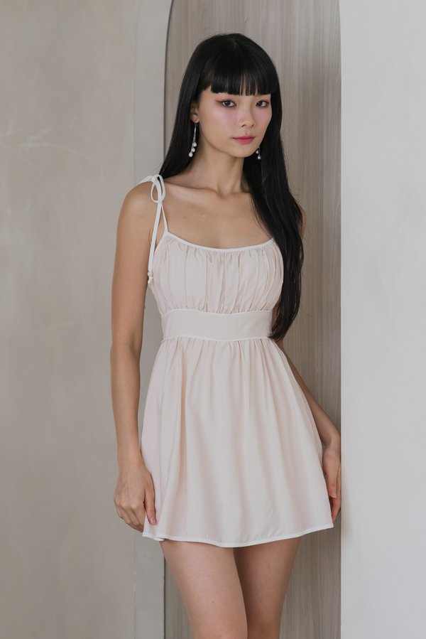 Lytia Padded Self Tie Contrast Romper Dress (Soft Pink)