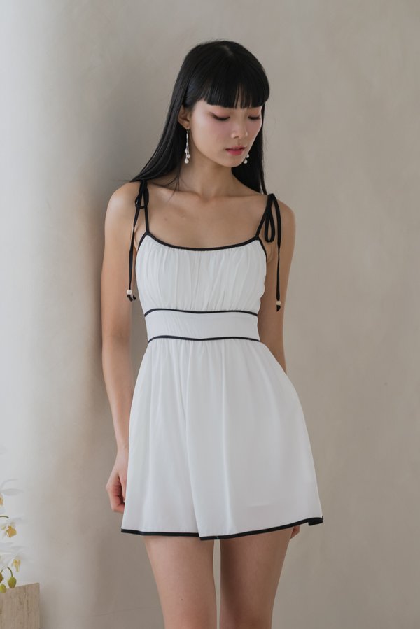 Lytia Padded Self Tie Contrast Romper Dress (White)