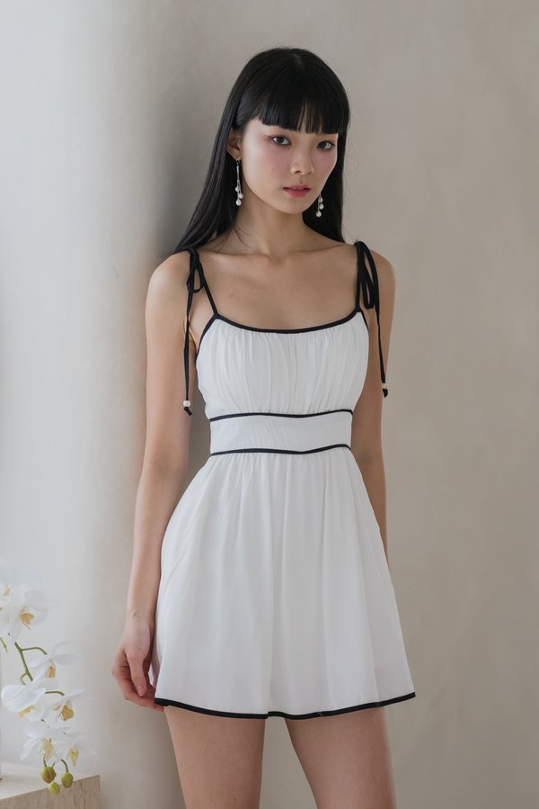 Lytia Padded Self Tie Contrast Romper Dress (White)