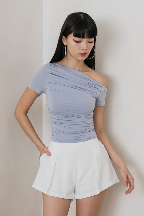 Zoey One Shoulder Ruch Padded Top (Baby Blue)