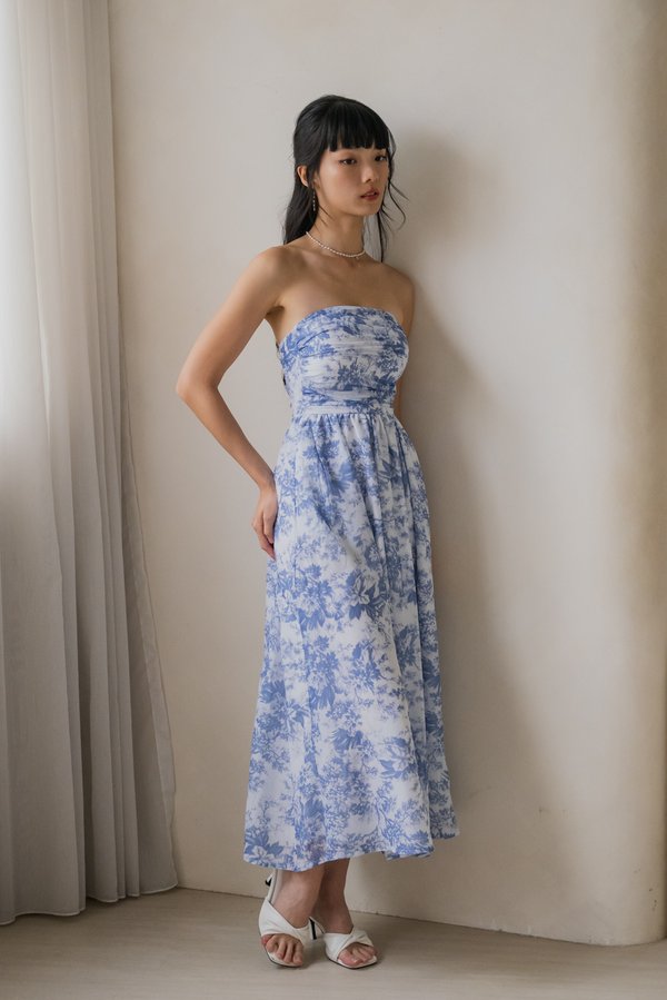 Edith Ruched Midi Dress (Azure Blue Floral) Edith Ruched Midi Dress (Azure Blue Floral)