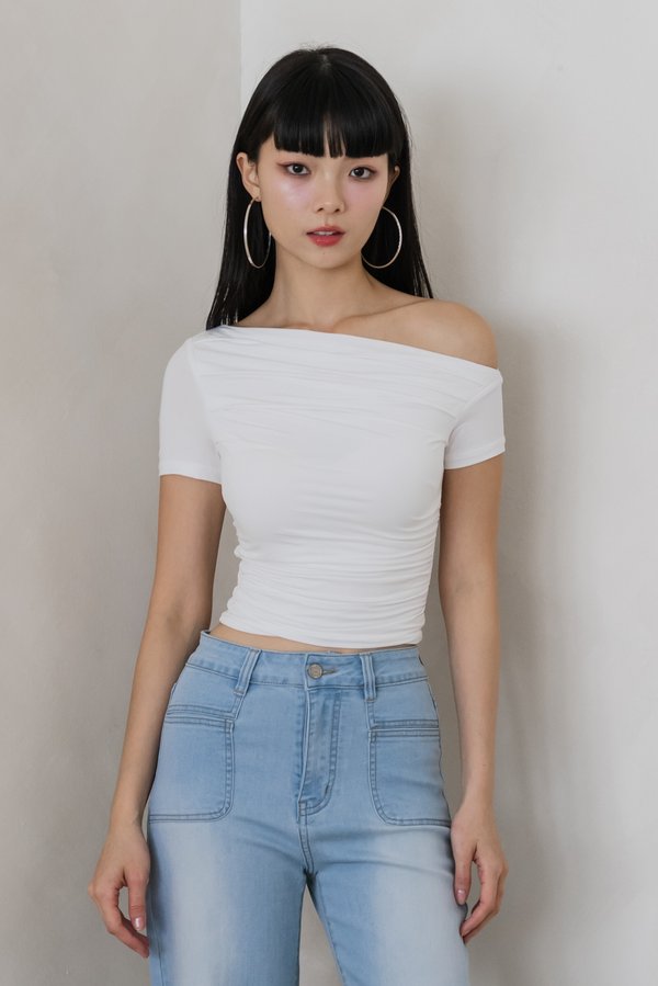 Zoey One Shoulder Ruch Padded Top (White)