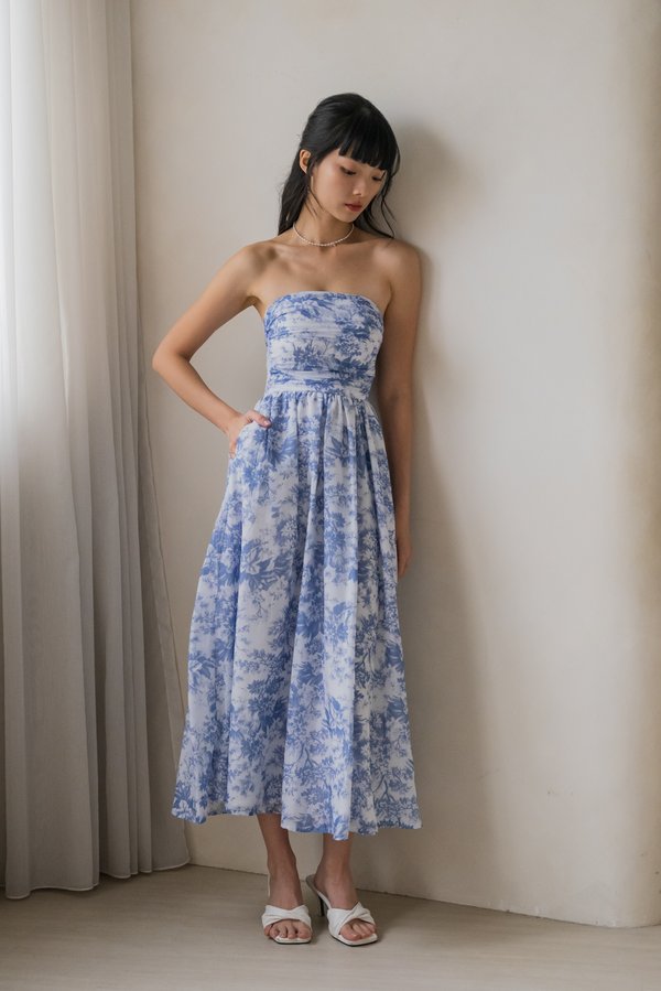 Edith Ruched Midi Dress (Azure Blue Floral) Edith Ruched Midi Dress (Azure Blue Floral)