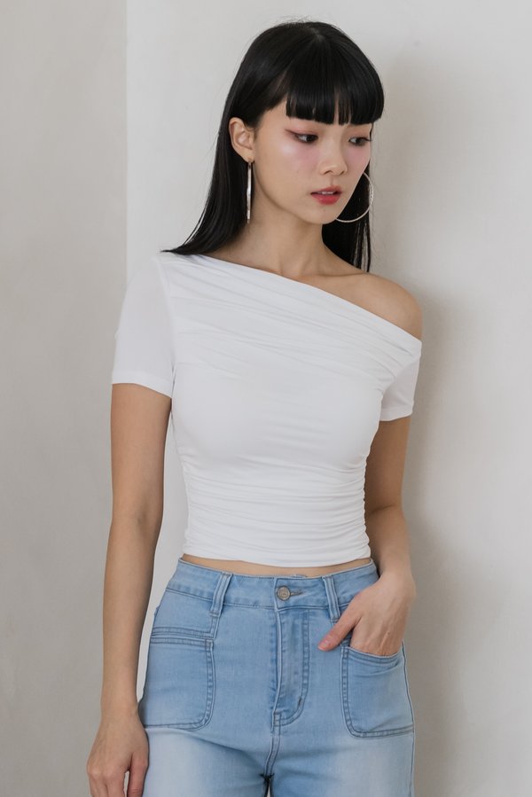 Zoey One Shoulder Ruch Padded Top (White)