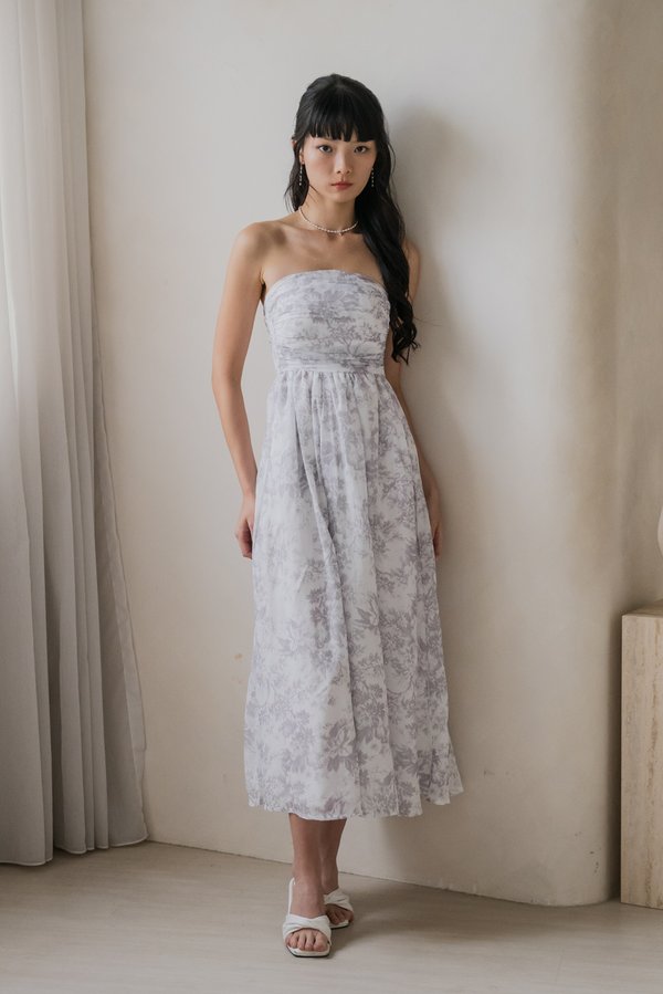 Edith Ruched Midi Dress (Dove Grey Floral) Edith Ruched Midi Dress (Dove Grey Floral)