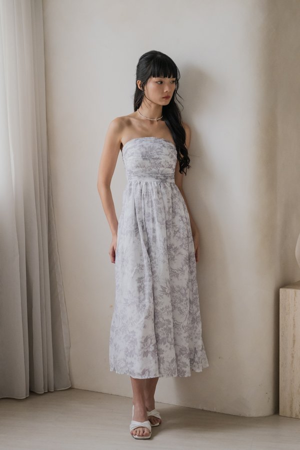 Edith Ruched Midi Dress (Dove Grey Floral) Edith Ruched Midi Dress (Dove Grey Floral)