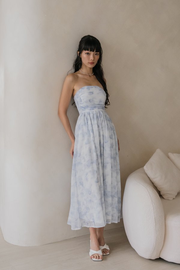 Celia Ruched Padded Midi Dress (Ethereal Waves)