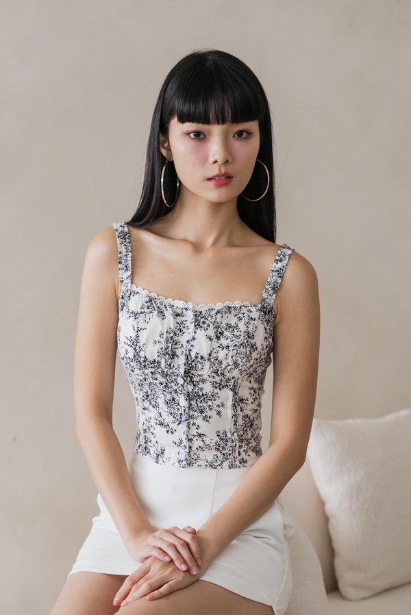 Allyssa Smocked Strap Padded Top (Black Floral)