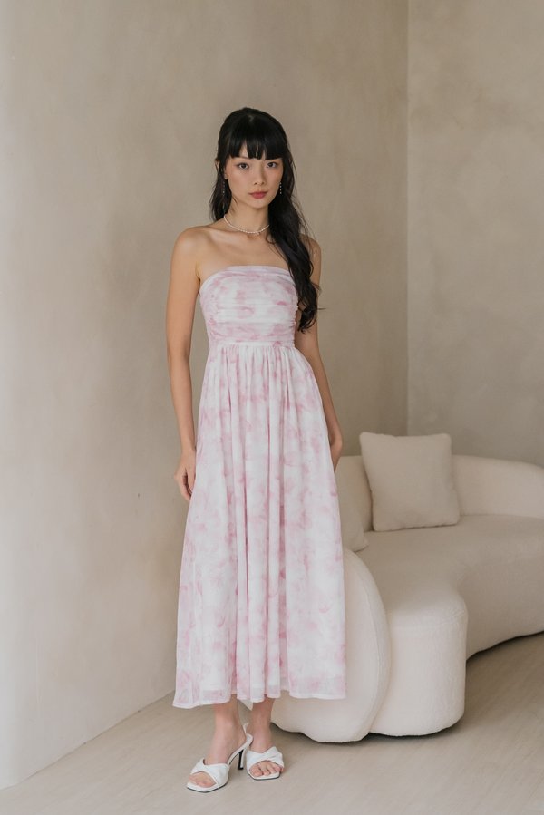 Celia Ruched Padded Midi Dress (Pink Aurora)