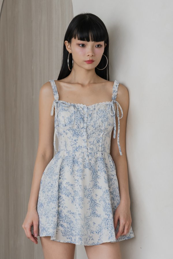 Tasmin Smocked Strap Padded Romper Dress (White Base Blue Floral)