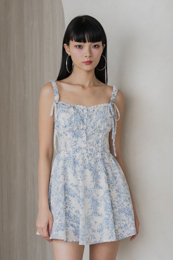 Tasmin Smocked Strap Padded Romper Dress (White Base Blue Floral)