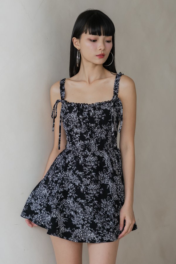 Tasmin Smocked Strap Padded Romper Dress (Black Base White Floral) Tasmin Smocked Strap Padded Romper Dress (Black Base White Floral)