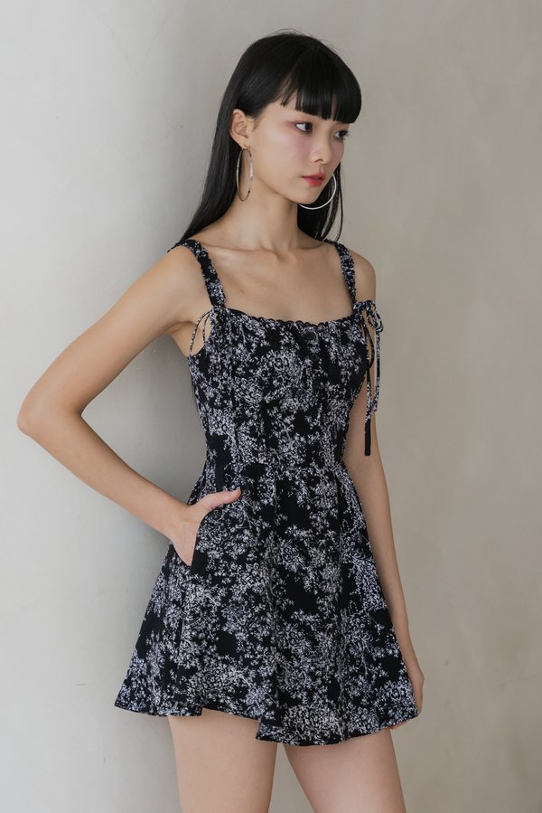 Tasmin Smocked Strap Padded Romper Dress (Black Base White Floral) Tasmin Smocked Strap Padded Romper Dress (Black Base White Floral)