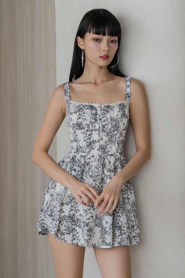 Tasmin Smocked Strap Padded Romper Dress (White Base Black Floral)