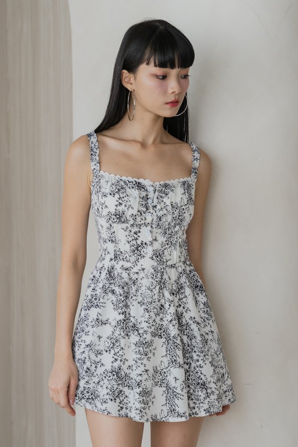 Tasmin Smocked Strap Padded Romper Dress (White Base Black Floral)