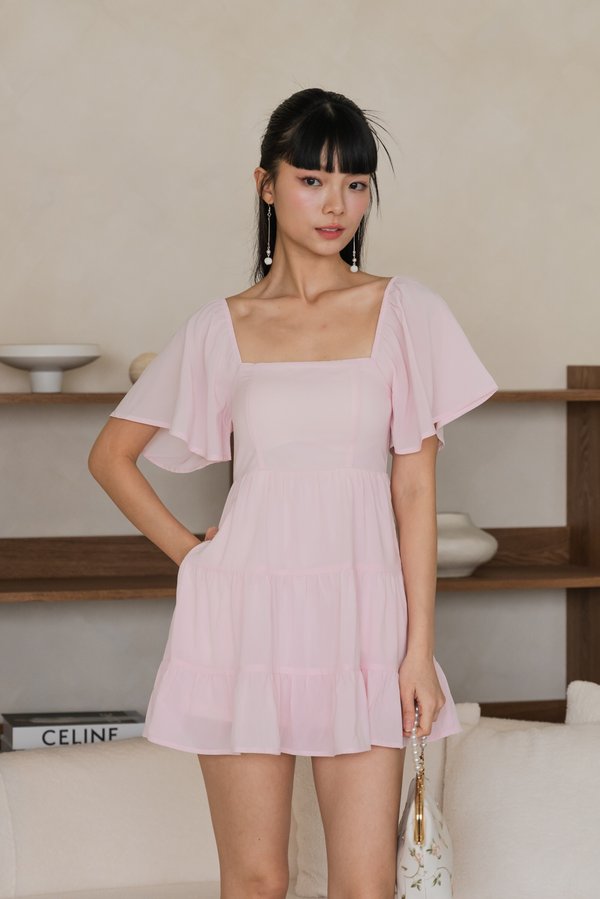 [SLEEVED] Kaelyn Padded Tier Romper Dress (Baby Pink)