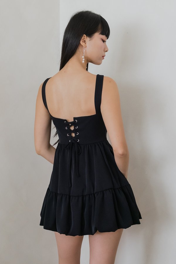 Cael Lace Back Bubble Padded Romper Dress (Black)