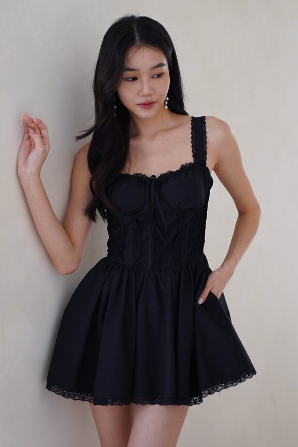 Amelie Padded Bustier Lace Romper Dress (Black)