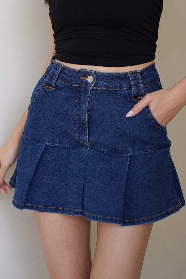 Adrena Denim Pleated Skorts (Dark Wash) Adrena Denim Pleated Skorts (Dark Wash)