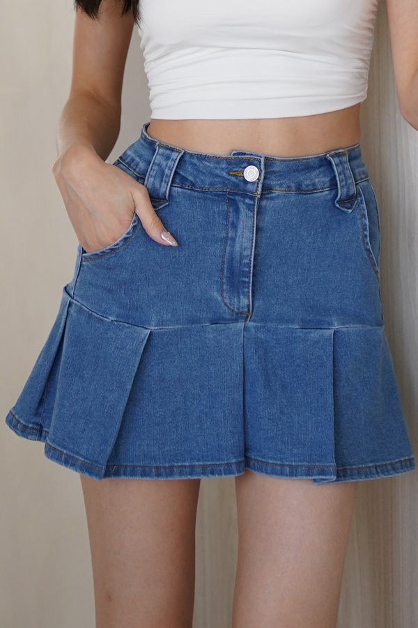 Adrena Denim Pleated Skorts (Mid Wash) Adrena Denim Pleated Skorts (Mid Wash)