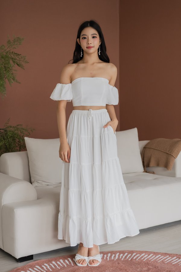 Fianna Scallop Trim Tiered Midi Skirt (White) Fianna Scallop Trim Tiered Midi Skirt (White)