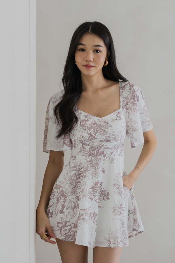 Yasmin Sleeved Floral Padded Romper Dress (Taupe Floral) Yasmin Sleeved Floral Padded Romper Dress (Taupe Floral)