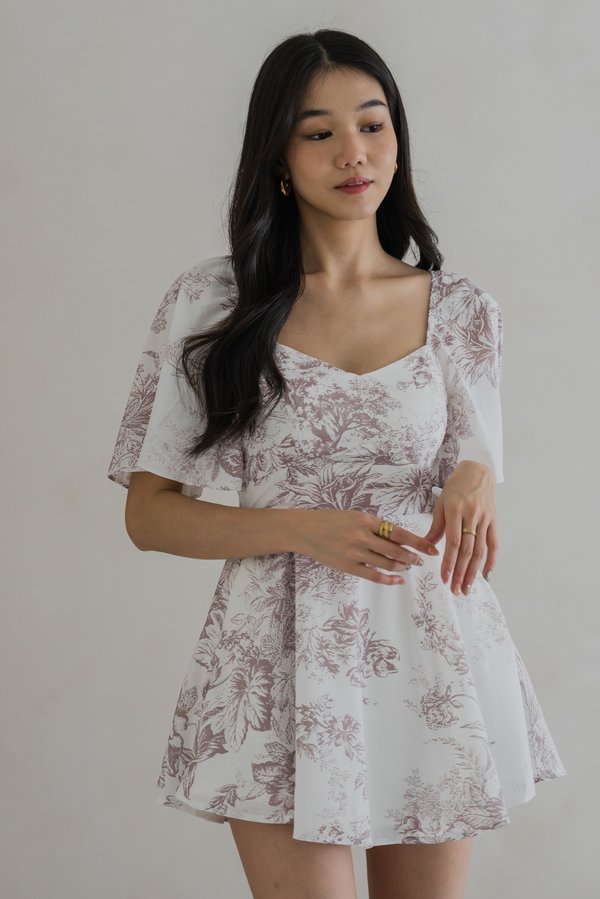 Yasmin Sleeved Floral Padded Romper Dress (Taupe Floral) Yasmin Sleeved Floral Padded Romper Dress (Taupe Floral)