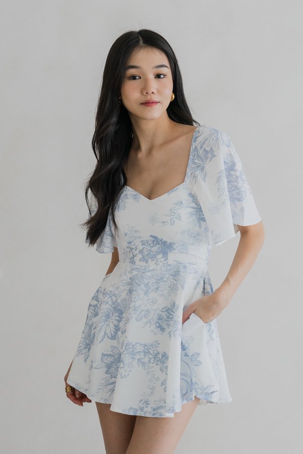 Yasmin Sleeved Floral Padded Romper Dress (Ice Blue) Yasmin Sleeved Floral Padded Romper Dress (Ice Blue)