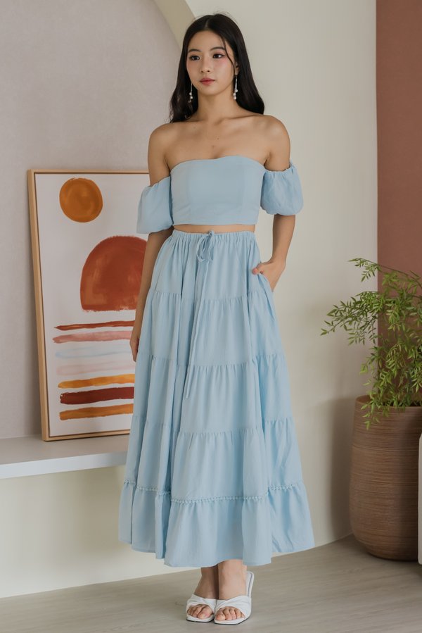 Fianna Scallop Trim Tiered Midi Skirt (Sky Blue)