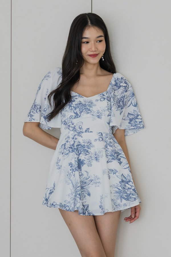 Yasmin Sleeved Floral Padded Romper Dress (Yale Blue Floral)