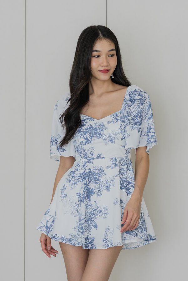 Yasmin Sleeved Floral Padded Romper Dress (Yale Blue Floral)