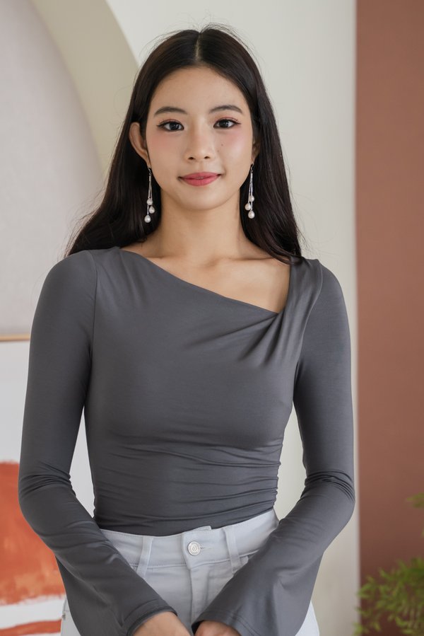 Zaya Slant Padded Long Sleeve Top (Gunmetal)