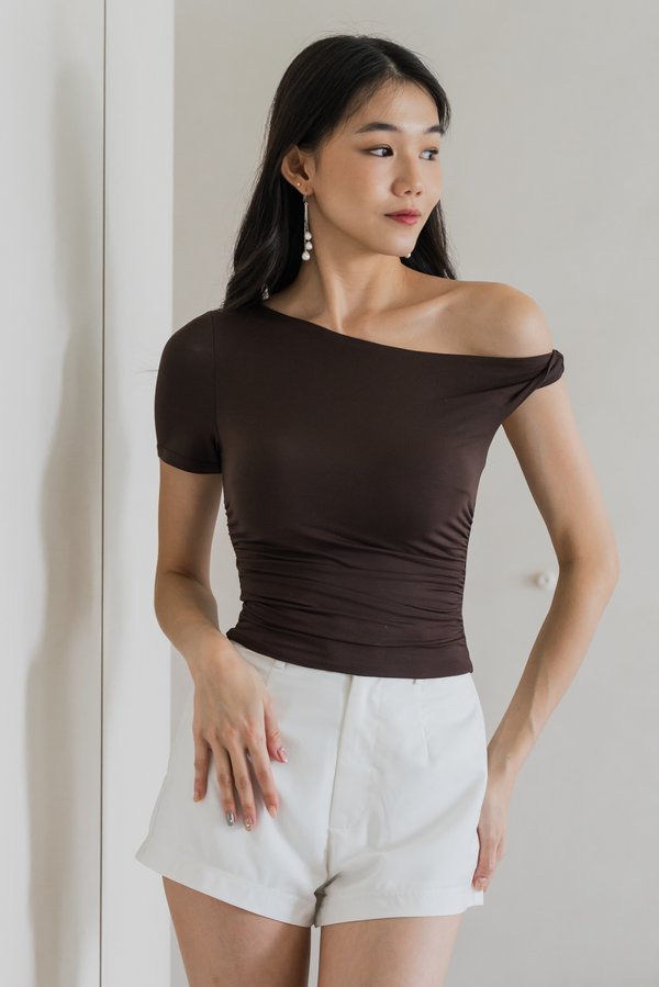 Zora One Shoulder Padded Top (Chocolate Brown)