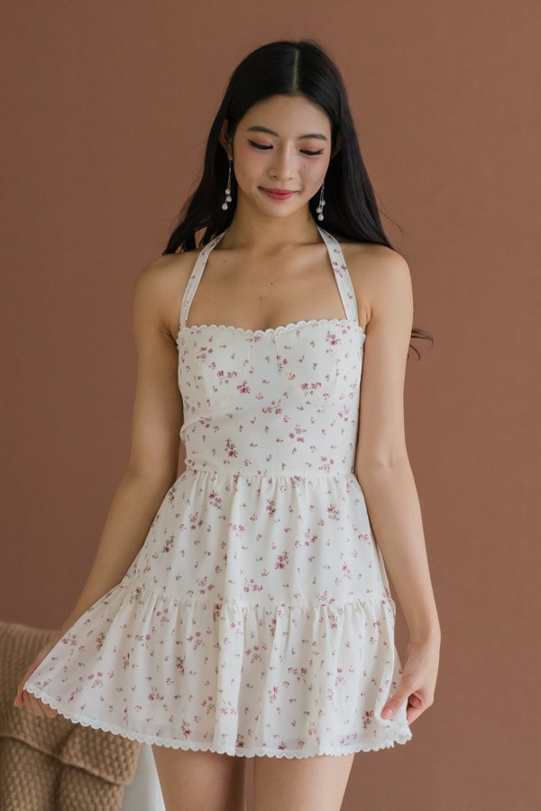 Seorena Lace Halter Padded Romper Dress (Cream Floral)