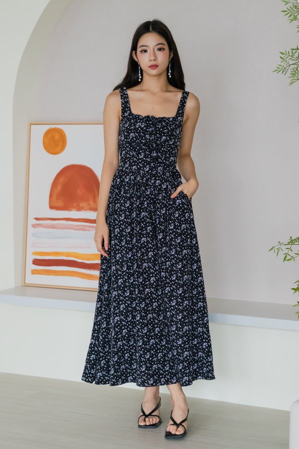 Nalia Ribbon Square Neck Padded Midi Dress (Black Base Floral)