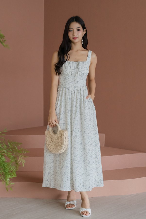 Nalia Ribbon Square Neck Padded Midi Dress (White Base Floral)