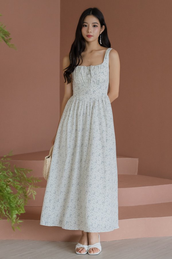 Nalia Ribbon Square Neck Padded Midi Dress (White Base Floral)