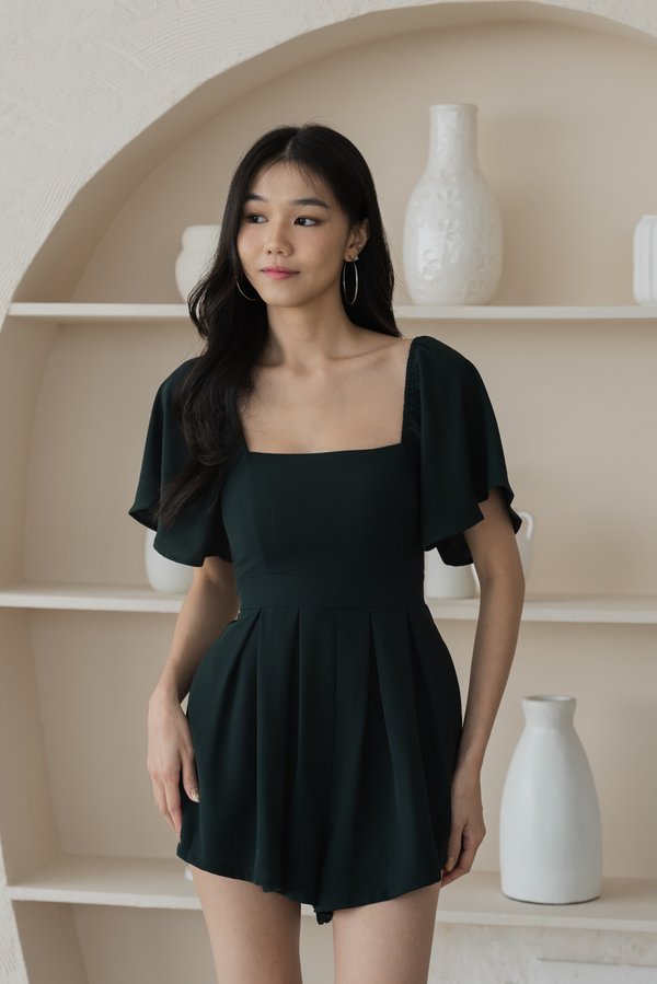 [SLEEVED] Lazier Pleated Romper (Dark Emerald Green)